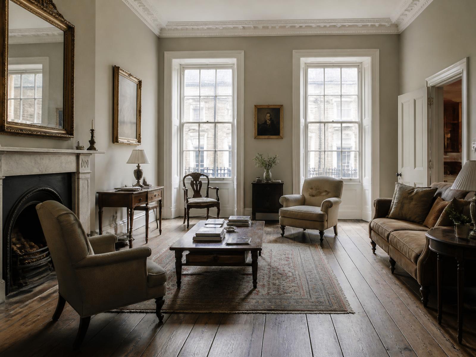 Restored drawing room with tall sash windows and original cornice