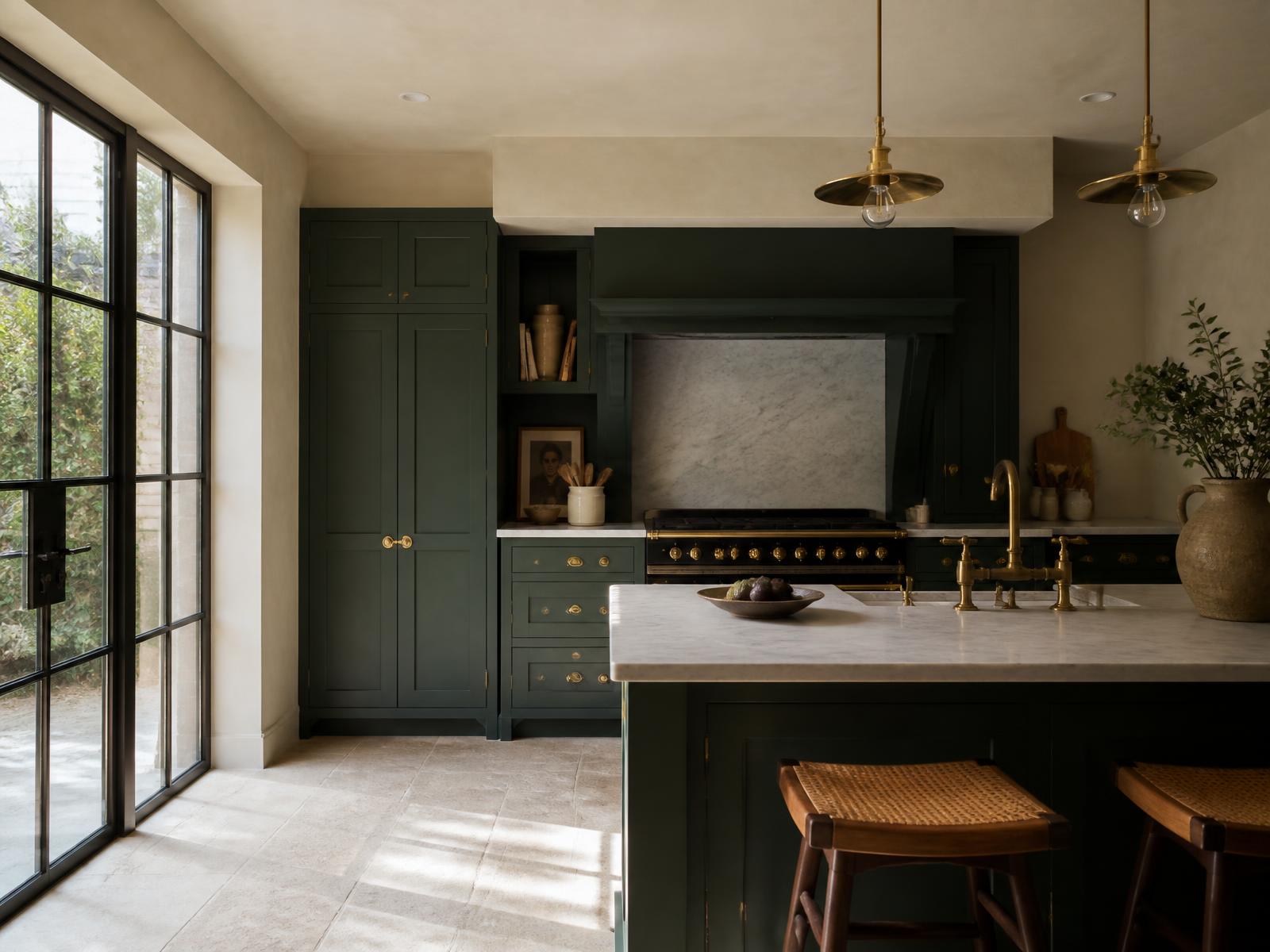 Dark green hand-built kitchen with marble worktop and brass fittings