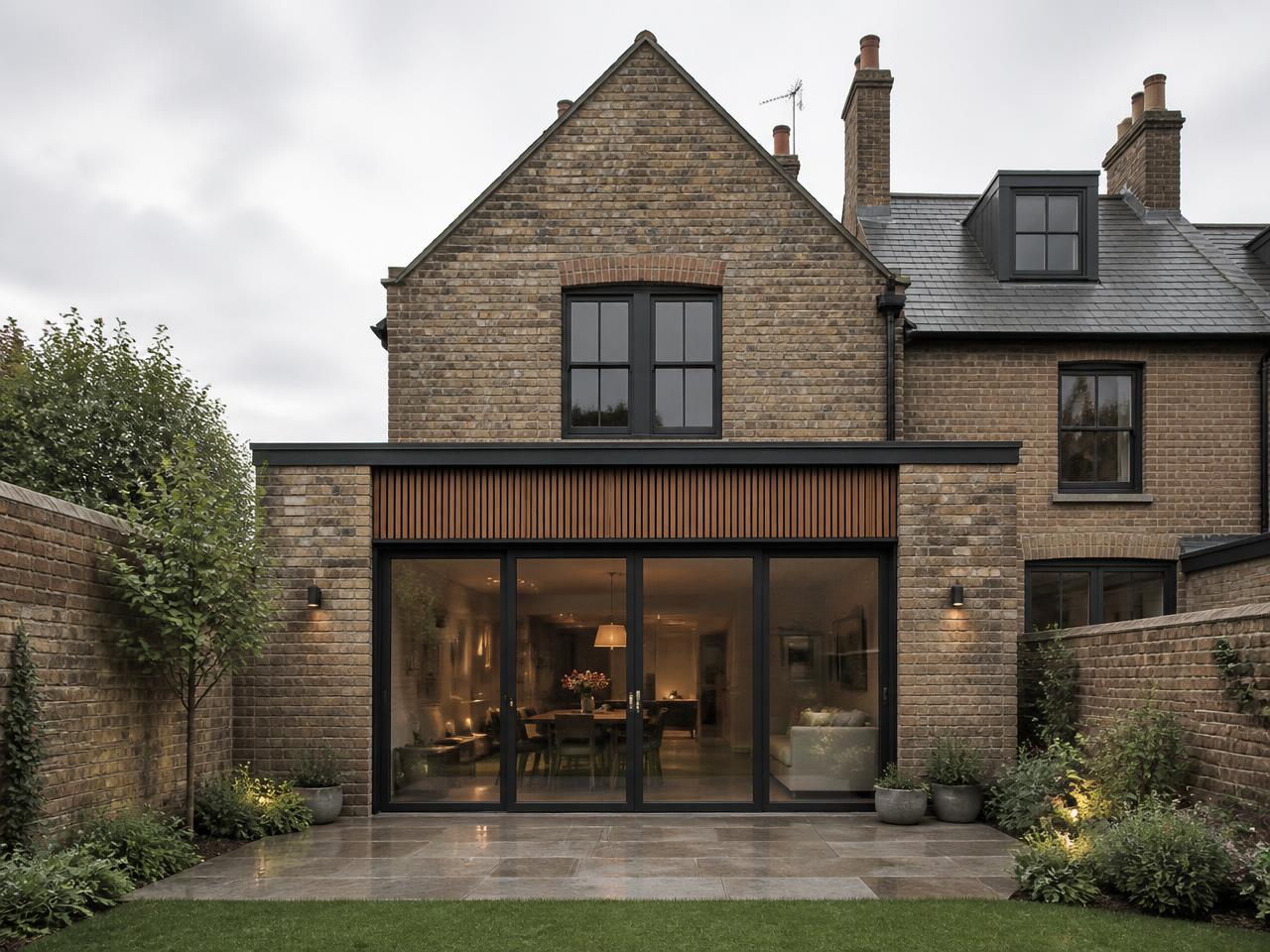 Brick rear extension with steel glazing onto a garden